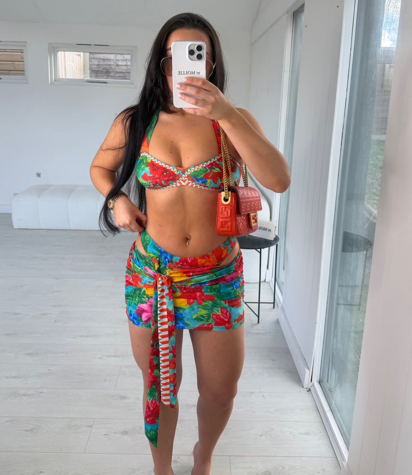 MULTICOLOUR PATTERNED THREE PIECE BIKINI AND SKIRT SET