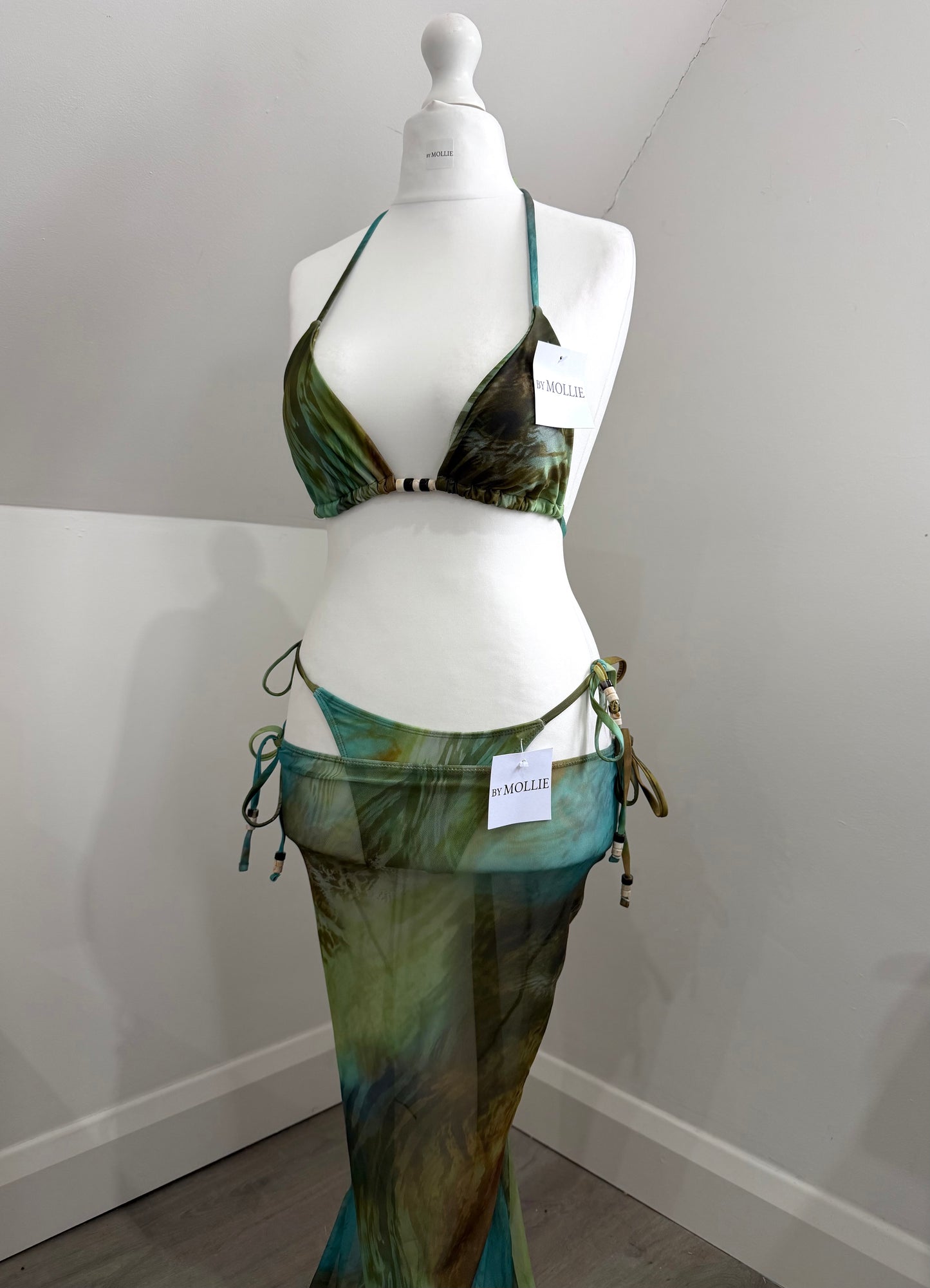 JUNGLE PRINT THREE PIECE BIKINI AND MESH SKIRT SET