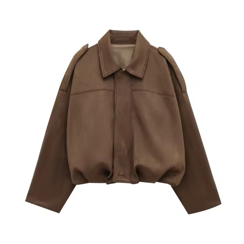 BROWN VEGAN SUEDE COLLARED JACKET
