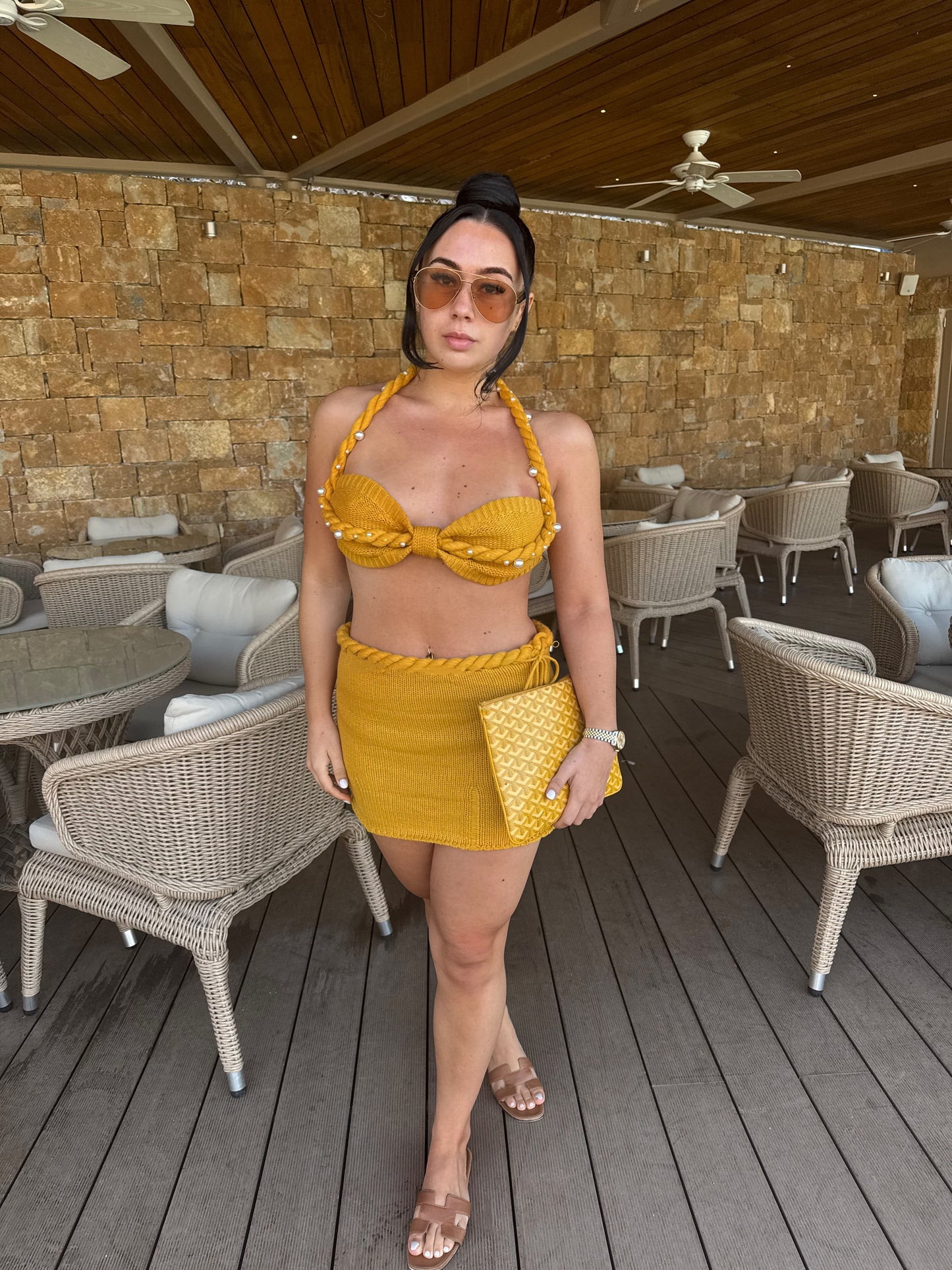 MUSTARD EMBELLISHED CROCHET BRALET AND MINI SKIRT CO-ORD