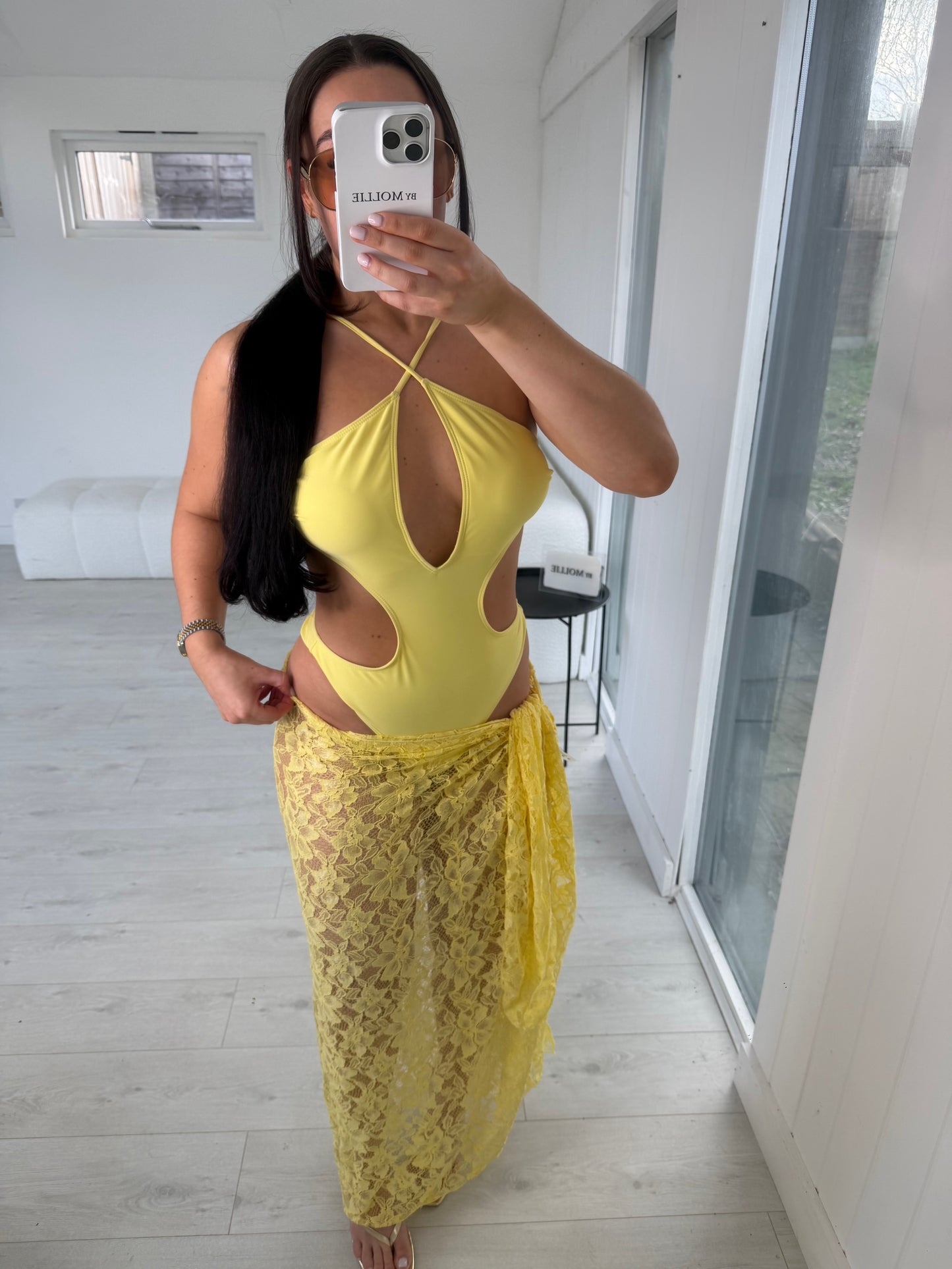 LEMON YELLOW CUT OUT SWIMSUIT AND LACE SARONG CO ORD
