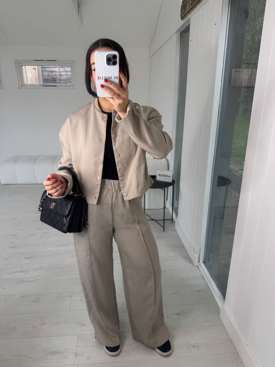 BEIGE BOMBER JACKET AND WIDE LEG TROUSER CO-ORD