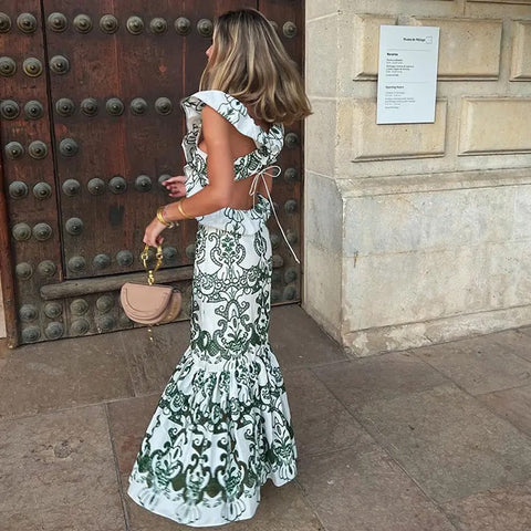 GREEN EMBROIDERED BACKLESS MAXI DRESS
