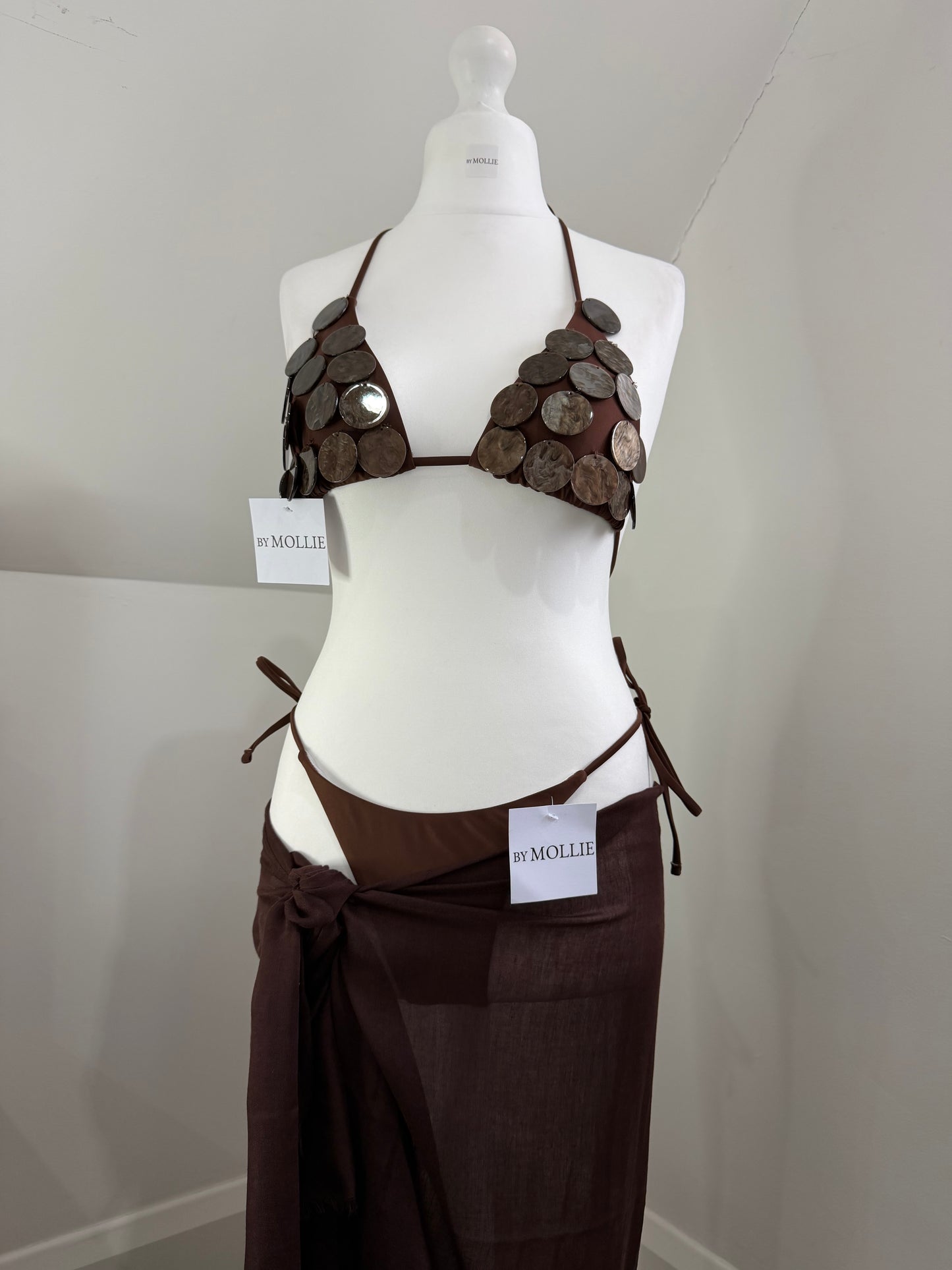 BROWN PEARL DISC THREE PIECE BIKINI AND SARONG SET