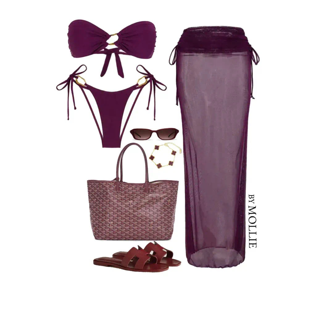 PLUM BANDEAU THREE PIECE BIKINI AND FOLD OVER SKIRT SET