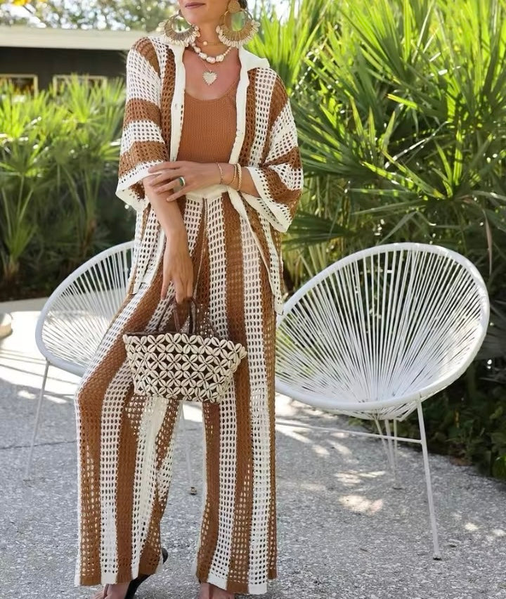 TAN STRIPE CROCHET OVERSIZED SHIRT AND TROUSER CO-ORD