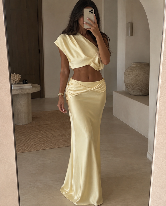BUTTER YELLOW SATIN CROP TOP AND MAXI SKIRT CO ORD