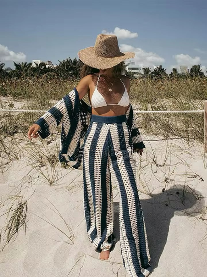 NAVY BLUE STRIPE CROCHET OVERSIZED SHIRT AND TROUSER CO-ORD