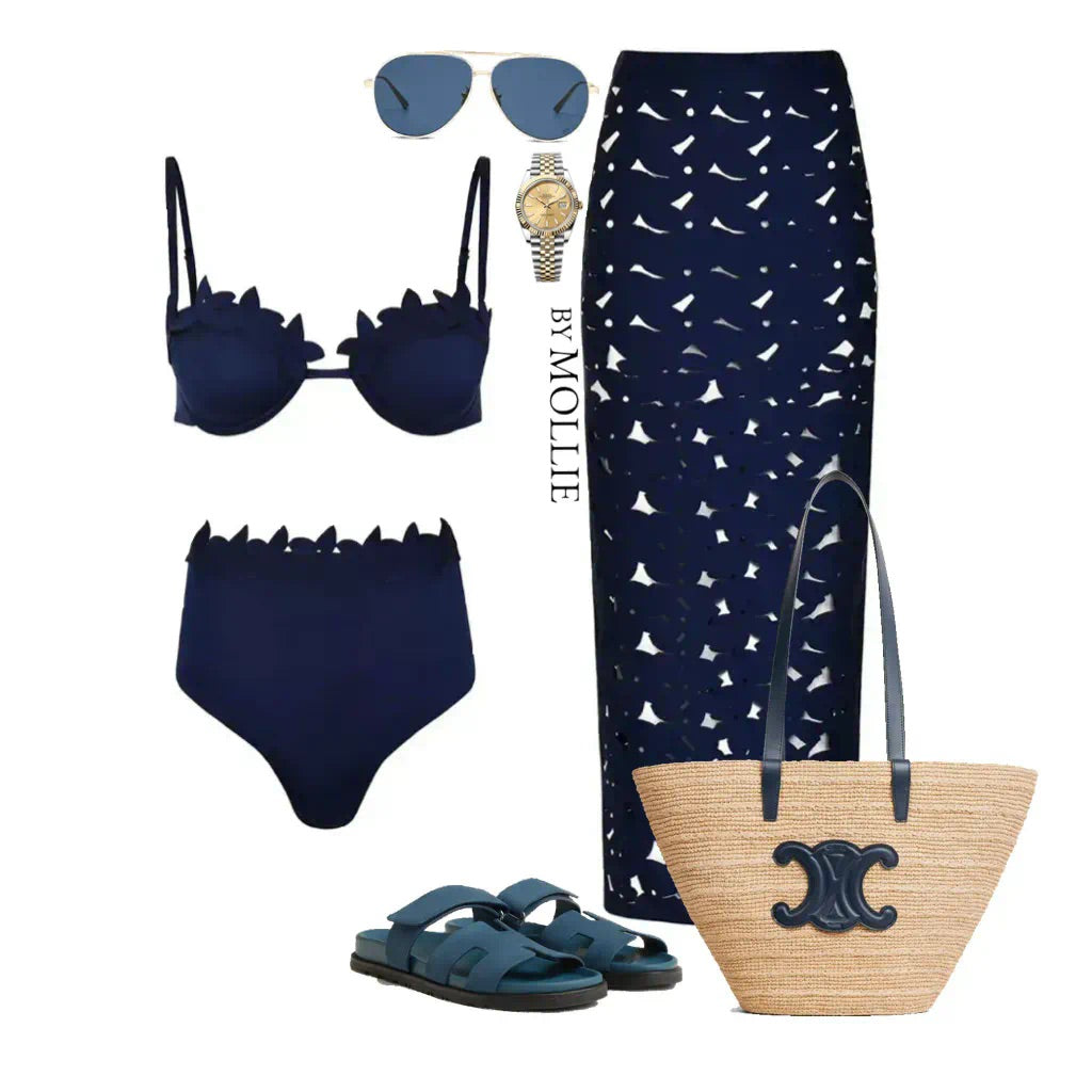 NAVY BLUE CUT OUT THREE PIECE BIKINI AND SKIRT SET