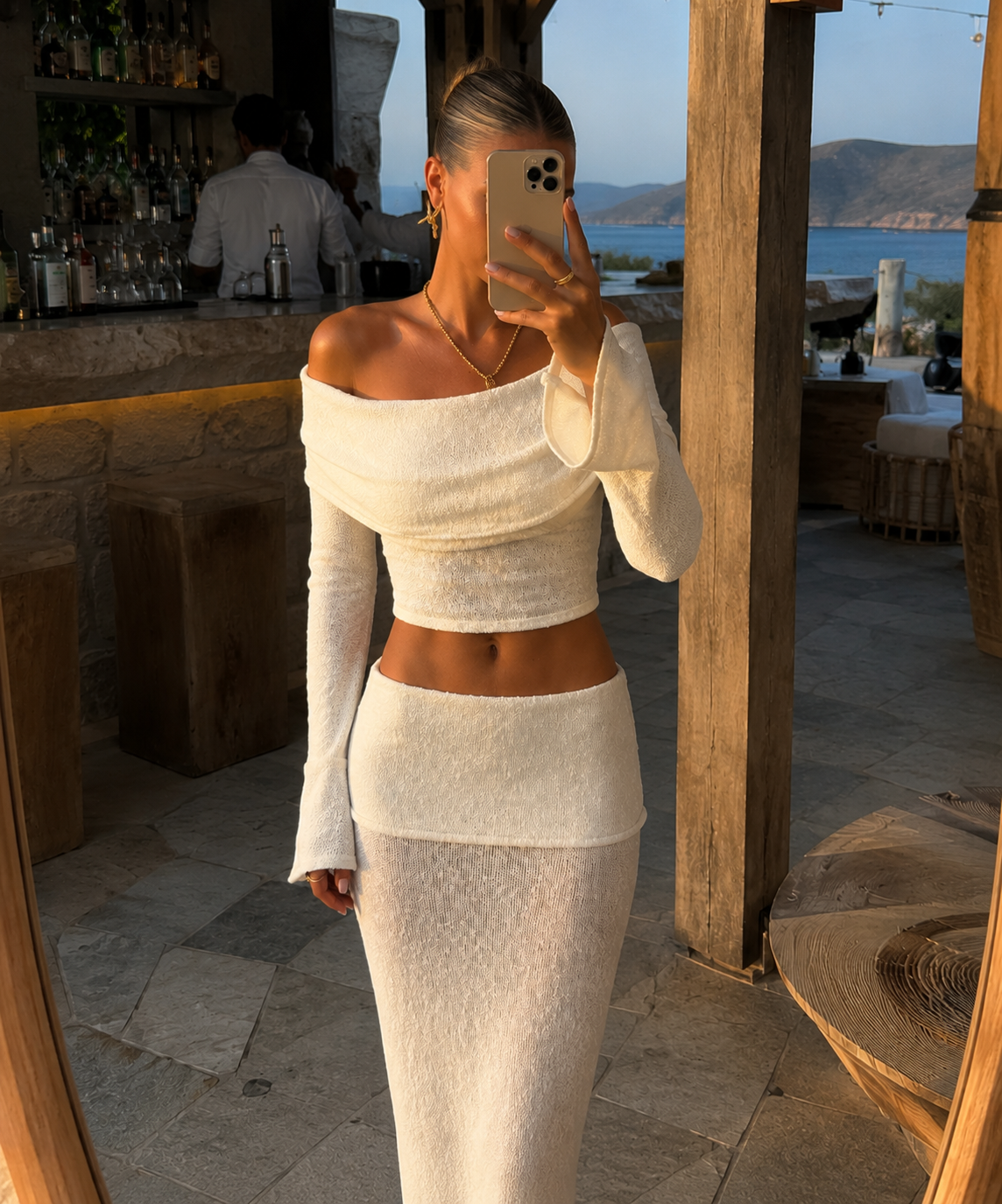 WHITE FOLD OVER KNIT TOP AND MAXI SKIRT CO ORD