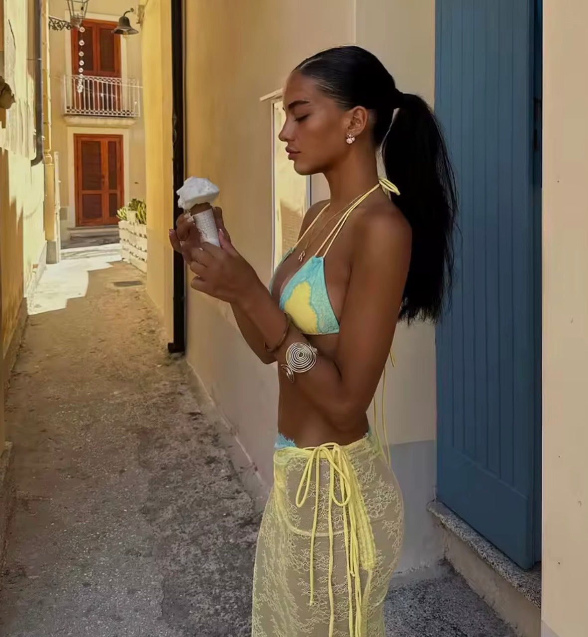 YELLOW AND BLUE LACE TRIANGLE BIKINI AND SARONG CO ORD