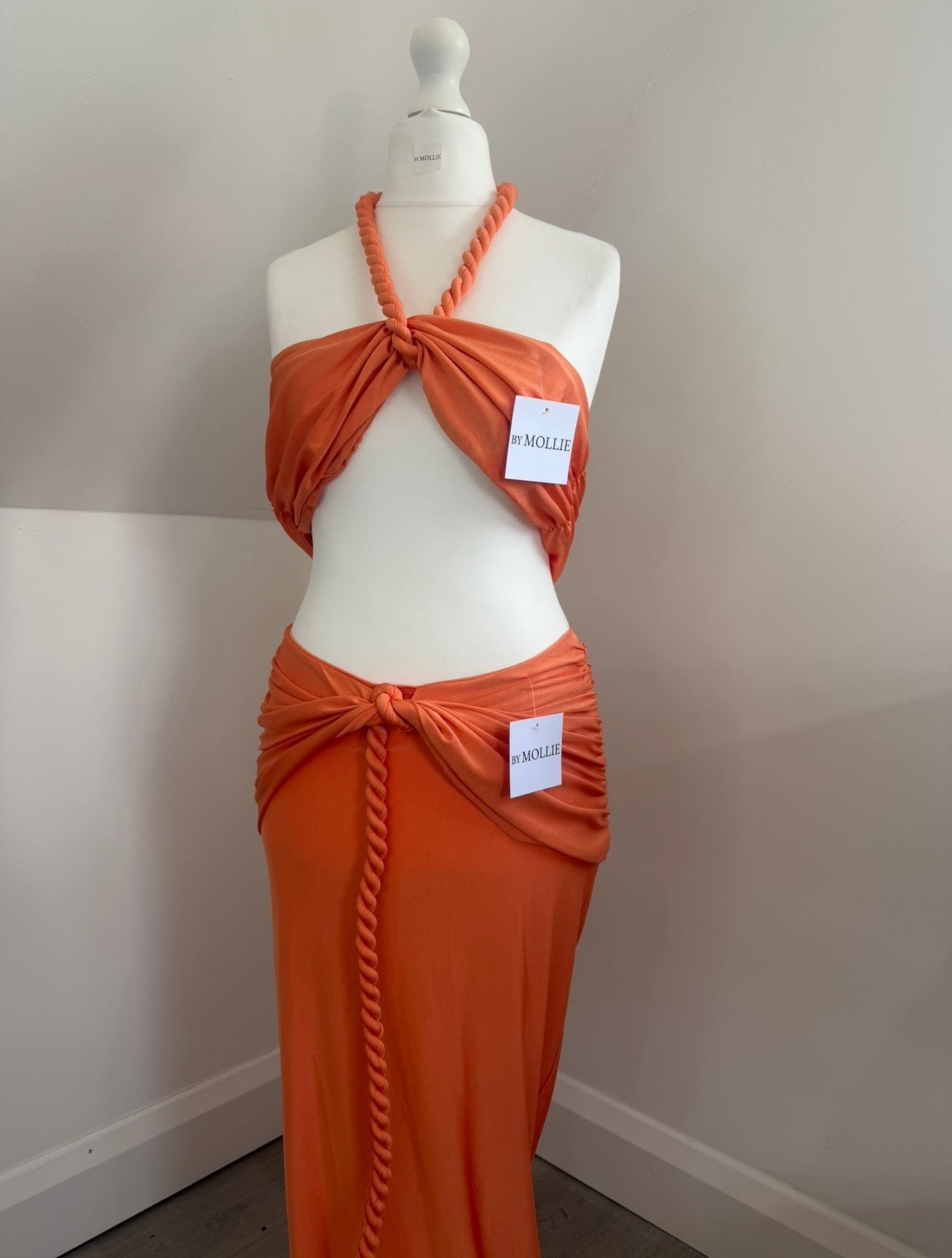 CORAL ORANGE BRAID CROP TOP AND MAXI SKIRT CO ORD SET