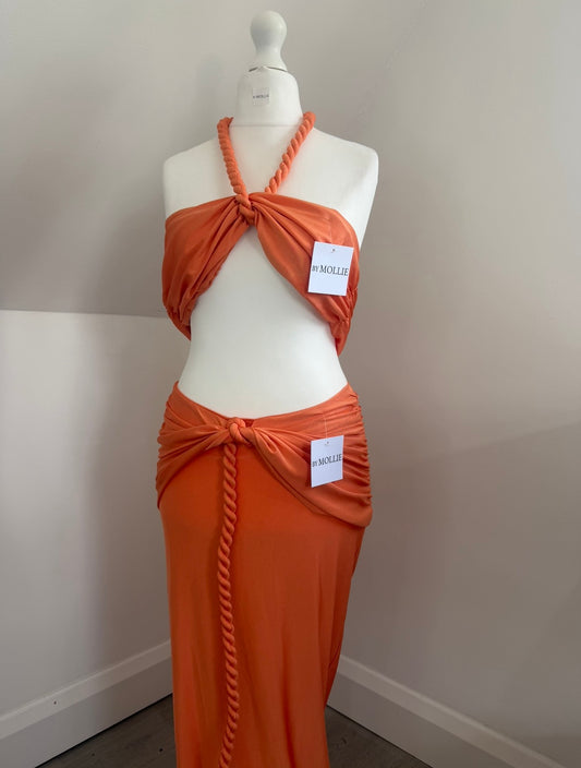 CORAL ORANGE BRAID CROP TOP AND MAXI SKIRT CO ORD SET
