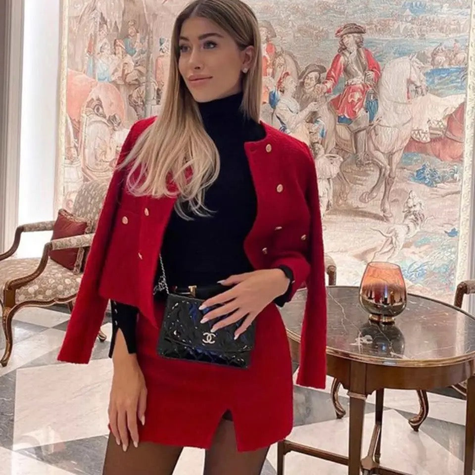 RED TWEED CROP BLAZER AND MINI SKIRT CO-ORD