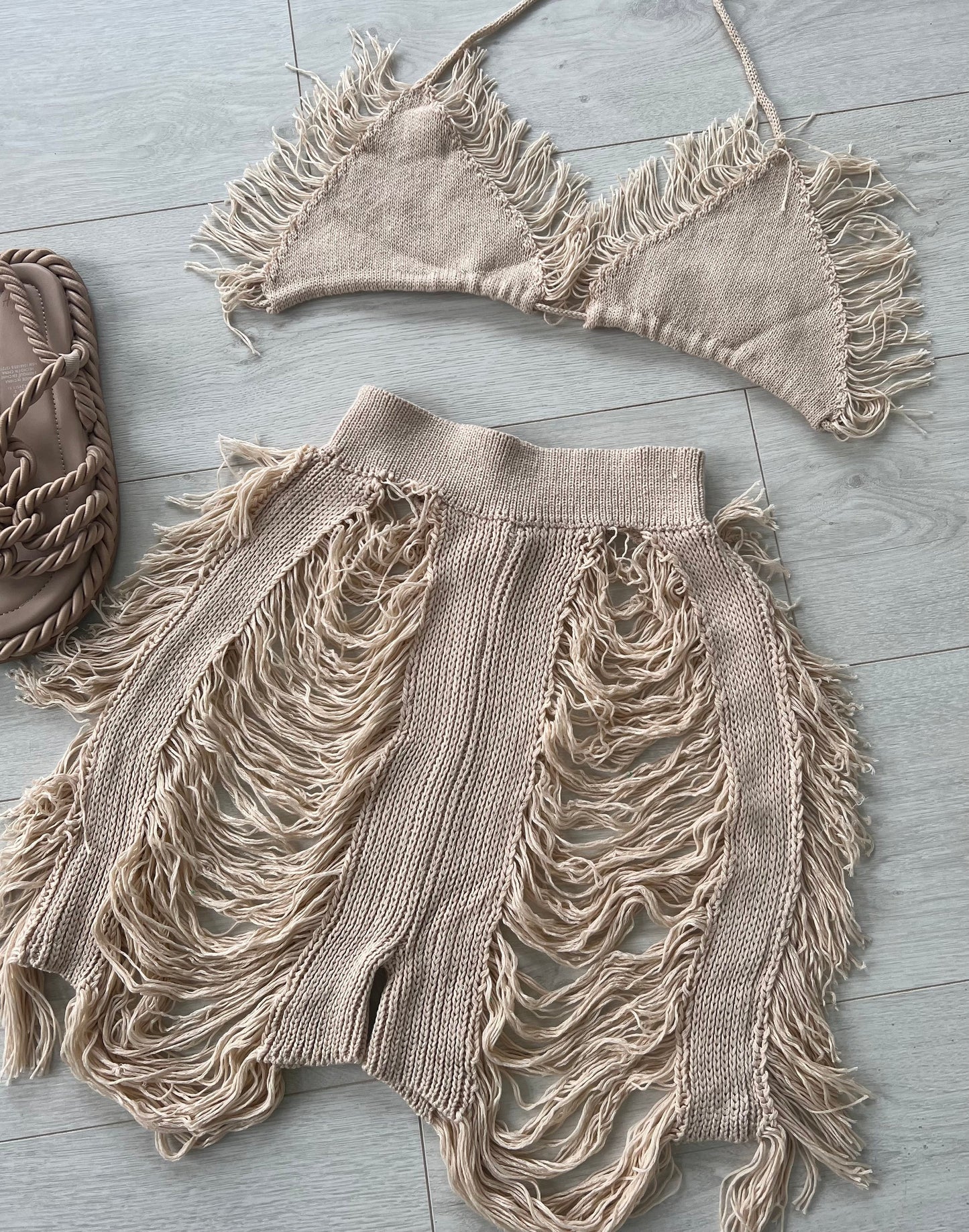 DISTRESSED TASSLE KNIT BRALET AND SHORTS CO-ORD