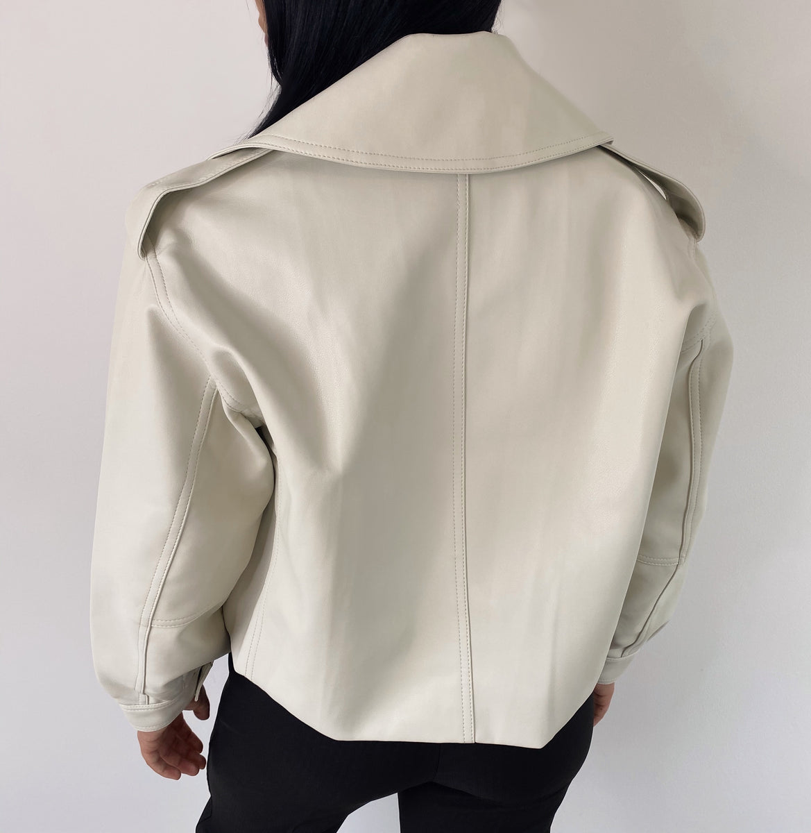 CREAM OVERSIZED VEGAN LEATHER JACKET - Main Image