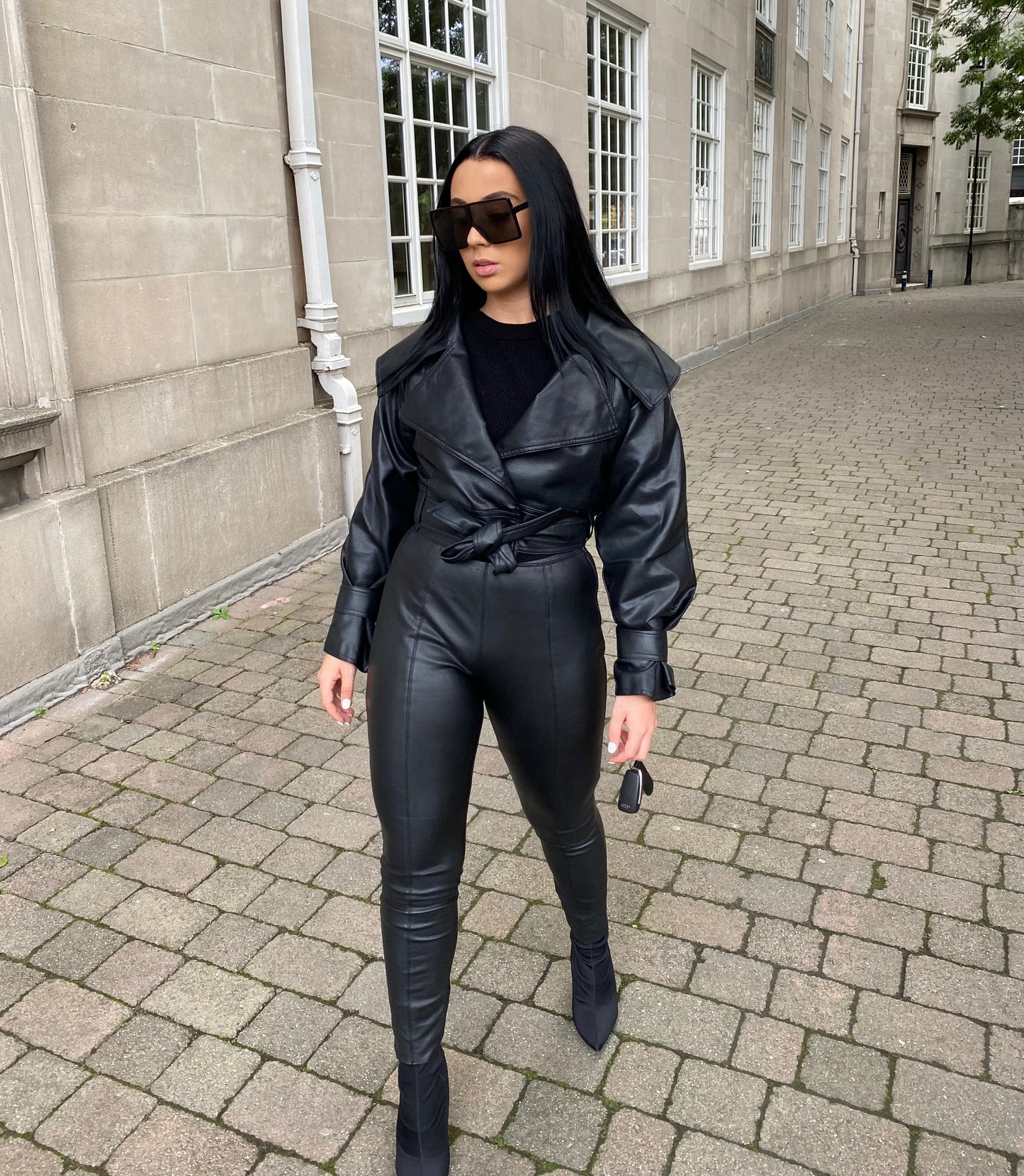 BLACK BELTED VEGAN LEATHER JACKET