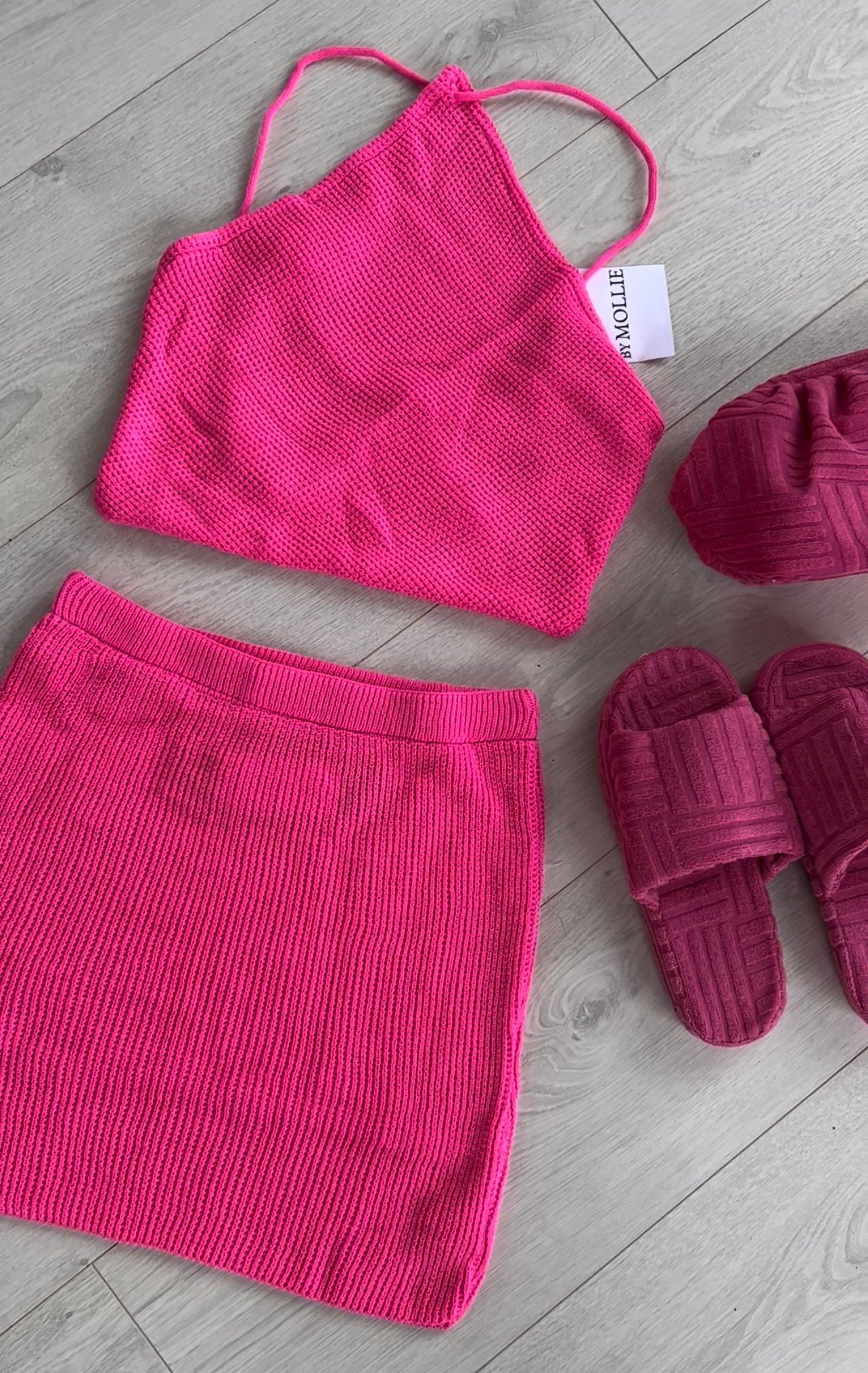 PINK KNIT HALTER CROP TOP AND MINI SKIRT CO-ORD