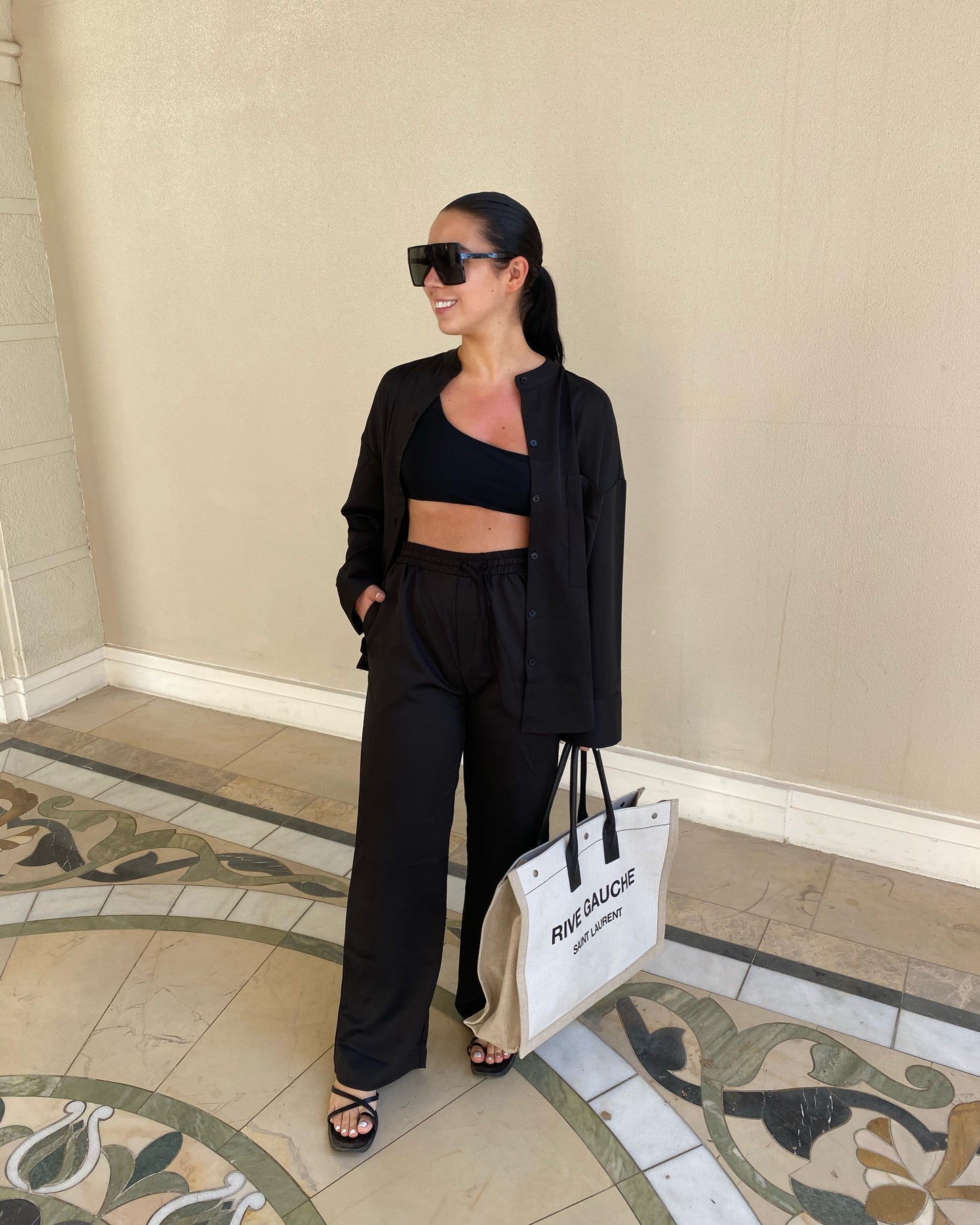 BLACK SATIN OVERSIZED SHIRT AND TROUSER CO-ORD
