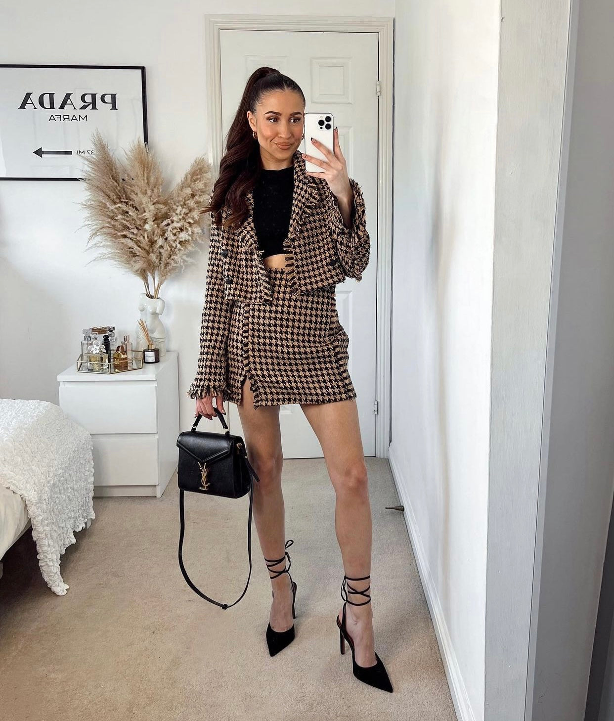 CAMEL AND BLACK TWEED CROP BLAZER AND SIDE SPLIT MINI SKIRT CO-ORD