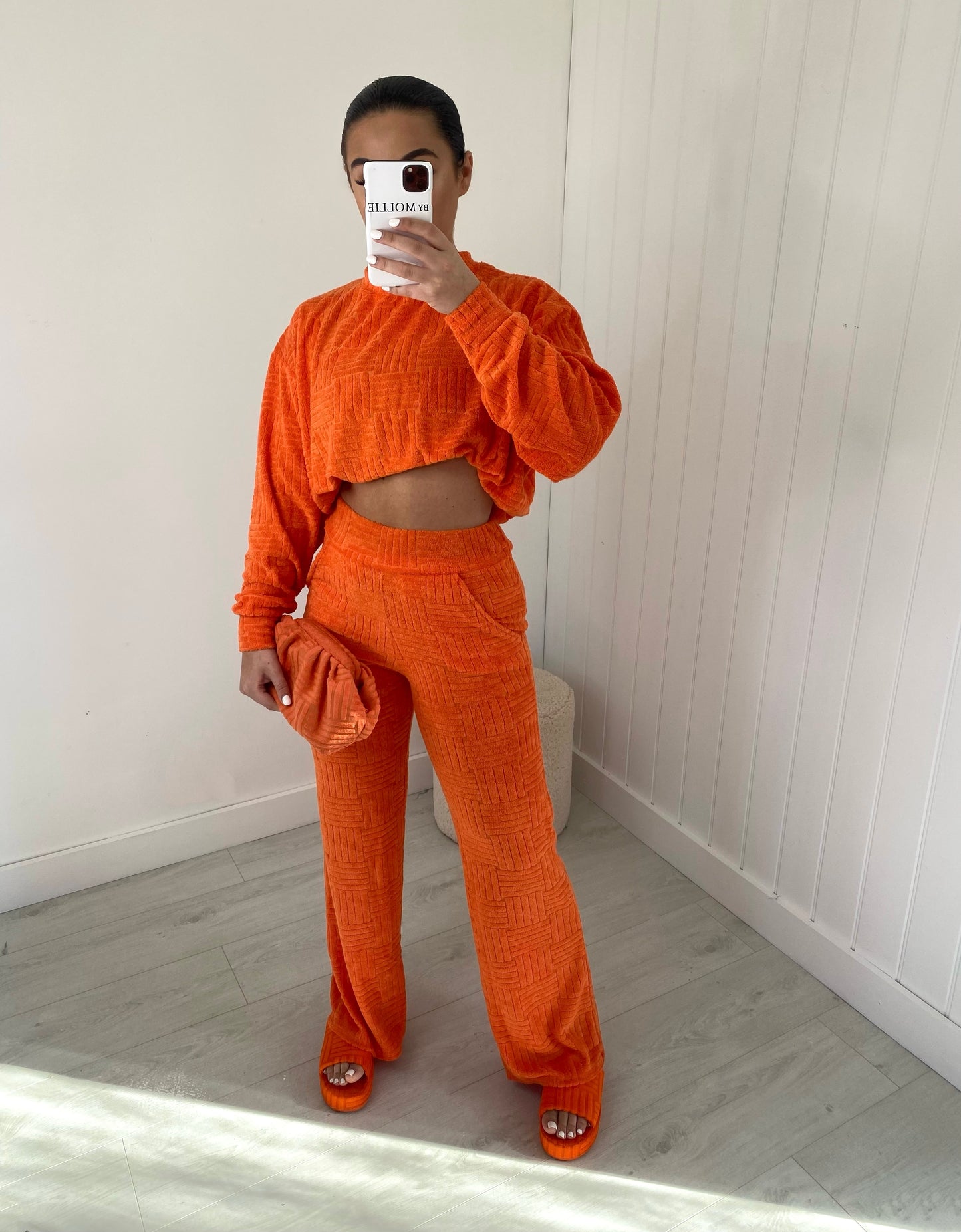 ORANGE OVERSIZED TOWELLING SWEATSHIRT AND WIDE LEG TROUSER CO-ORD