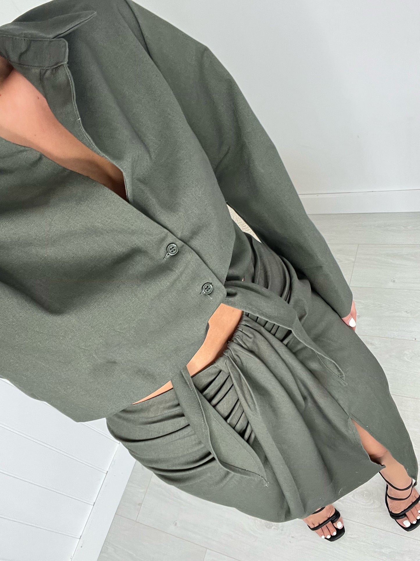 KHAKI WIDE SLEEVE SHIRT AND SPLIT MIDI SKIRT CO-ORD