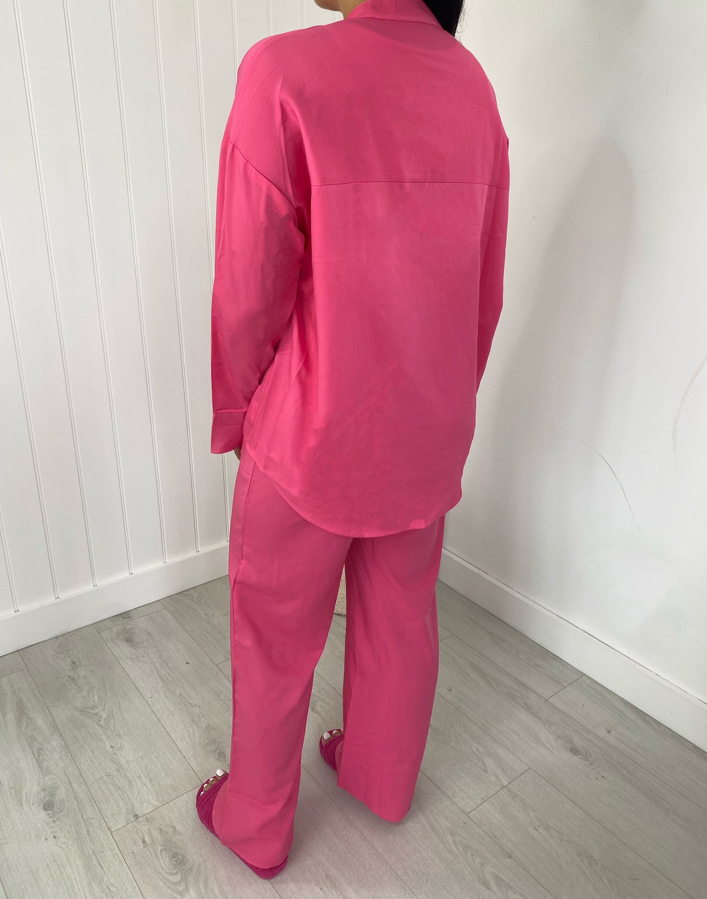 PINK SATIN OVERSIZED SHIRT AND TROUSER CO-ORD