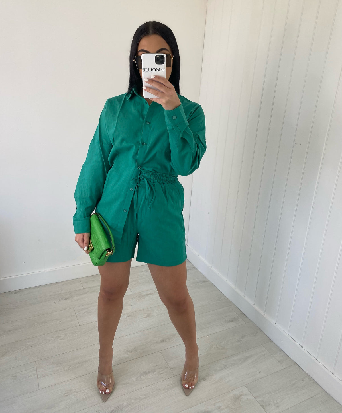 LINEN BLEND GREEN OVERSIZED SHIRT AND SHORTS CO-ORD