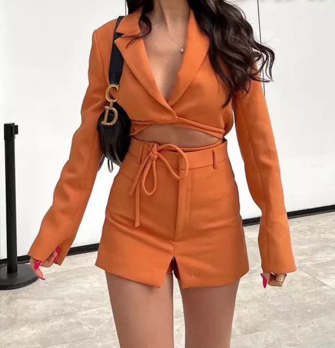 ORANGE TIE WAIST CROP BLAZER