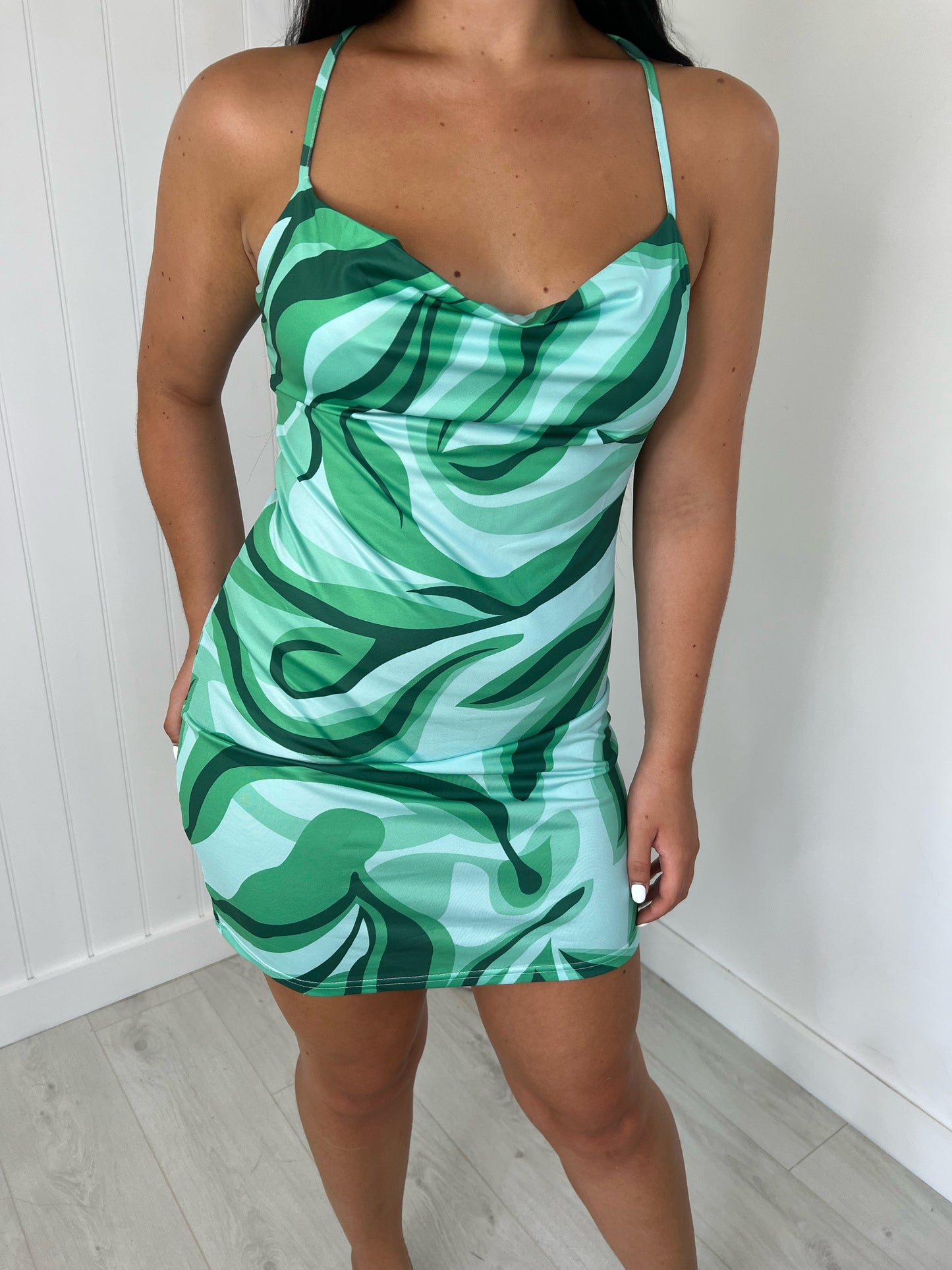 GREEN PRINTED CROSS BACK MINI DRESS