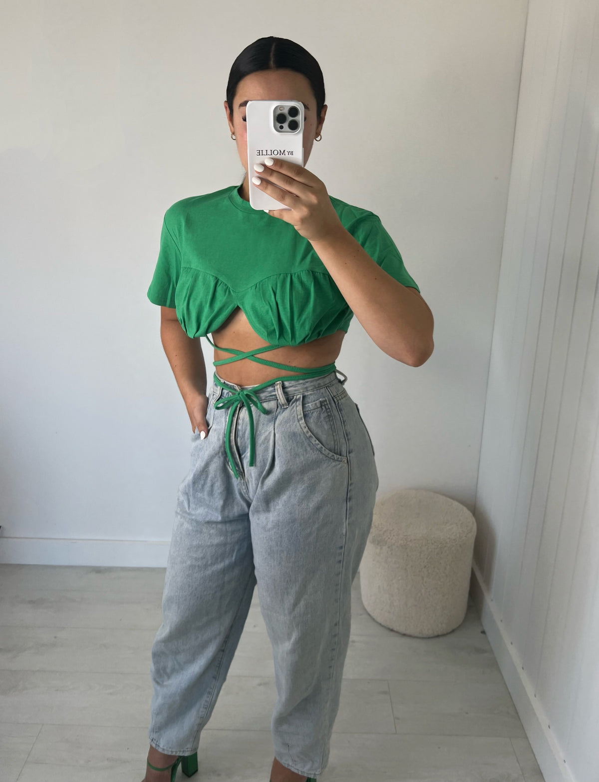 GREEN TIE DETAIL CROP T SHIRT