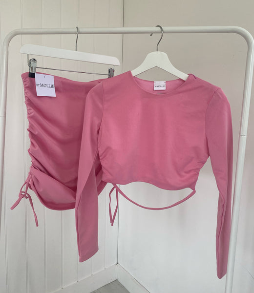 BABY PINK BACKLESS CROP TOP AND RUCHED MINI SKIRT CO-ORD