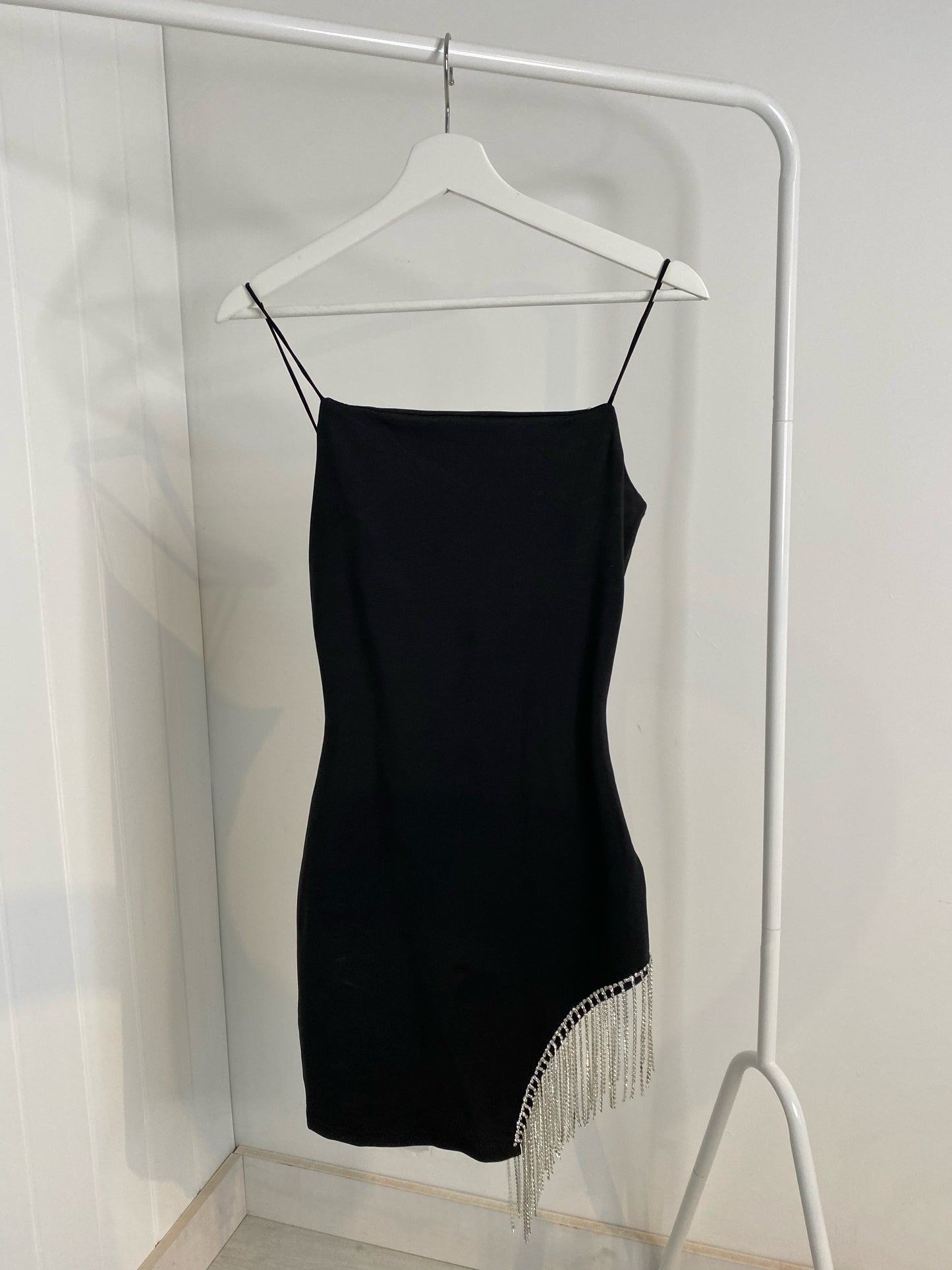 BLACK ASYMMETRIC MINI DRESS WITH DIAMANTÉ HEM