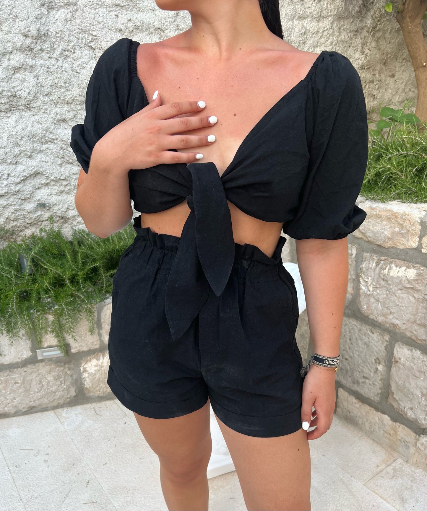 BLACK TIE FRONT CROP BLOUSE AND SHORTS CO-ORD
