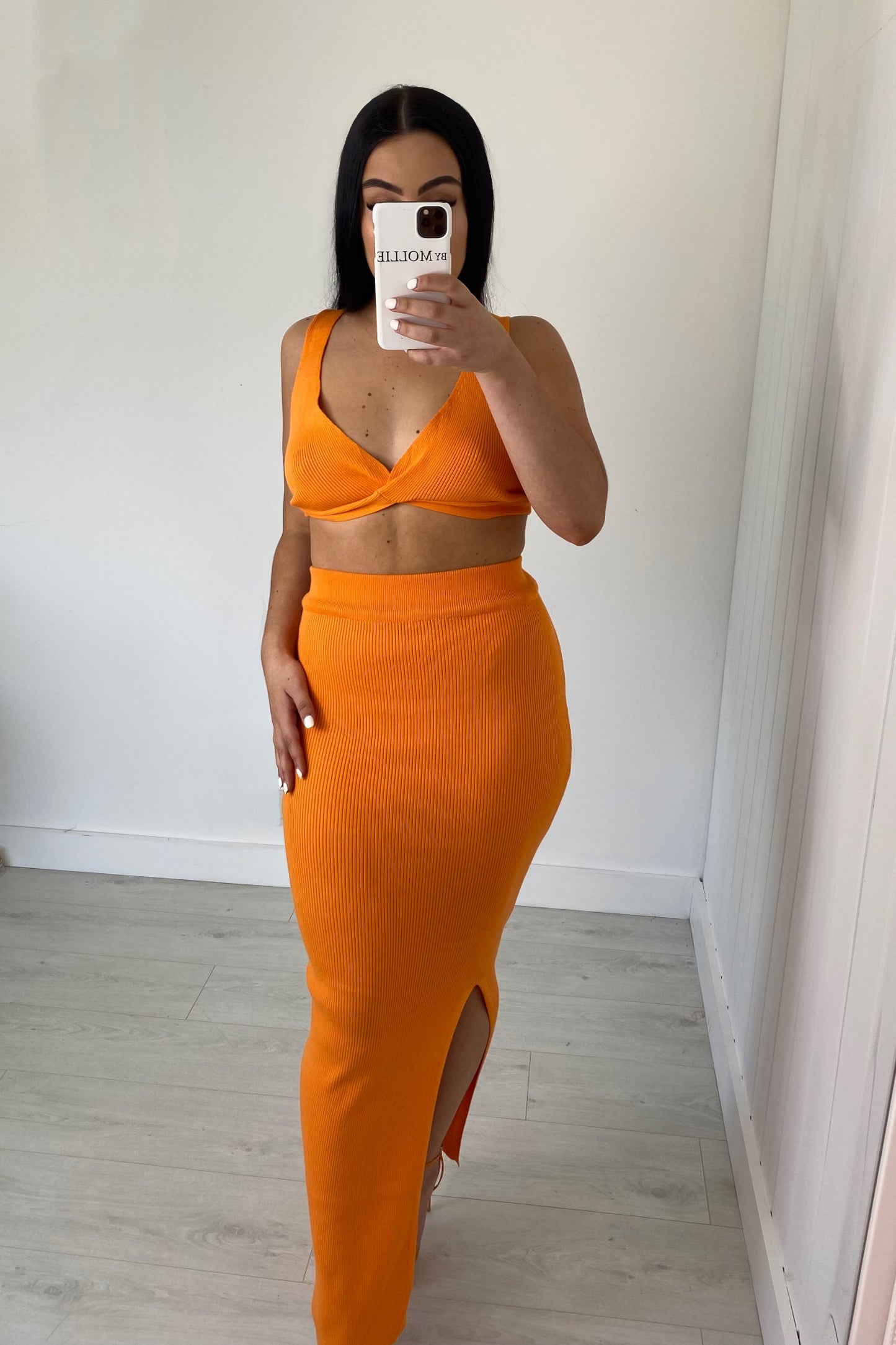 ORANGE KNIT BRALET AND SLIT LEG MAXI SKIRT