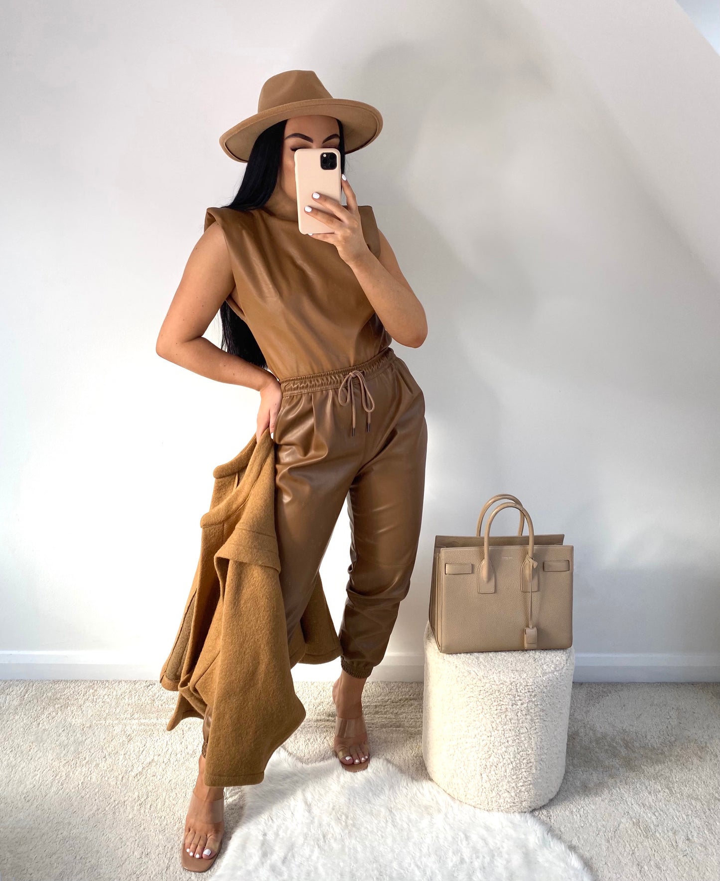 CAMEL FAUX LEATHER SHOULDER PADDED CROP TOP