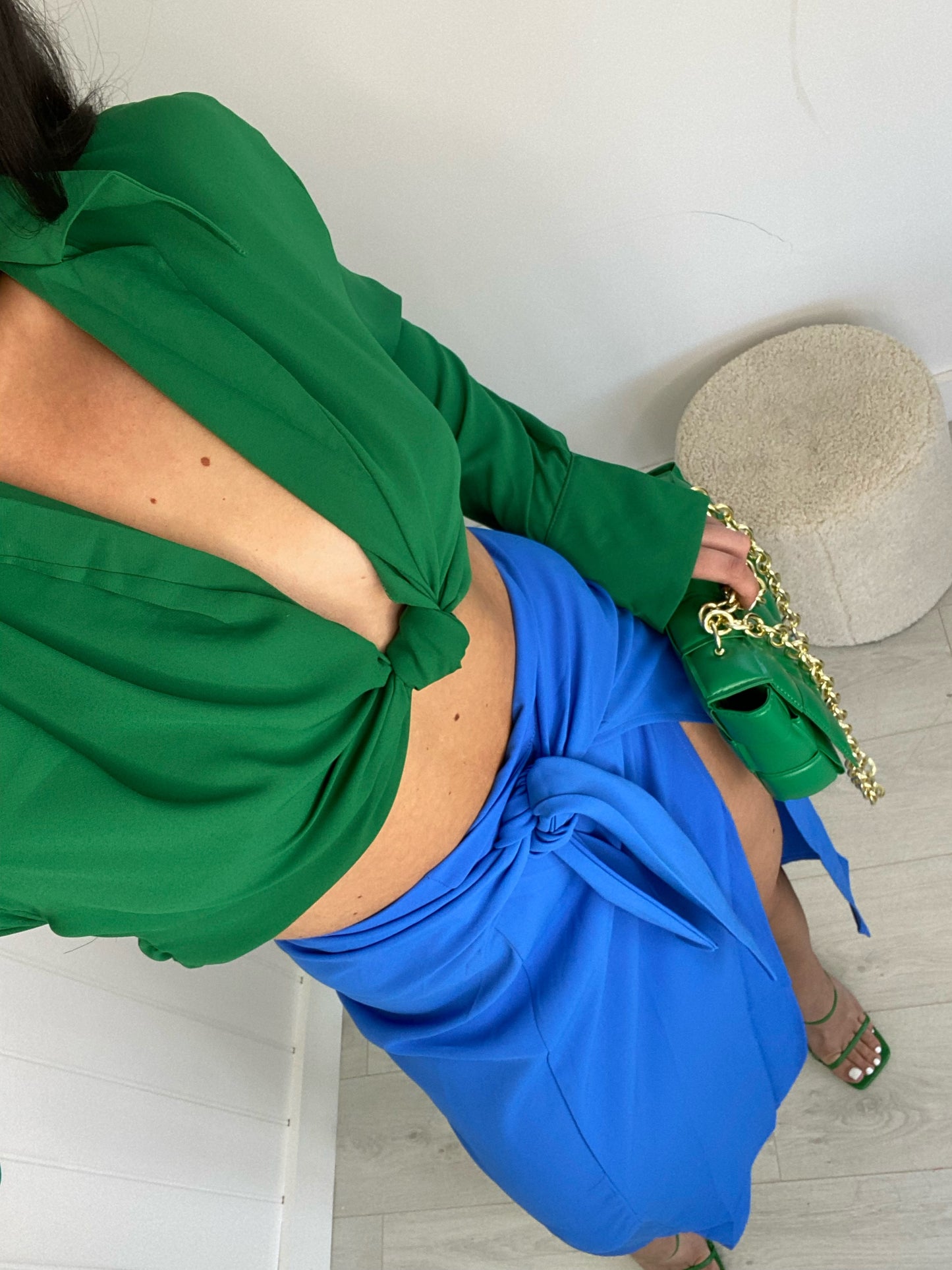 BLUE SIDE KNOT SPLIT MIDI SKIRT