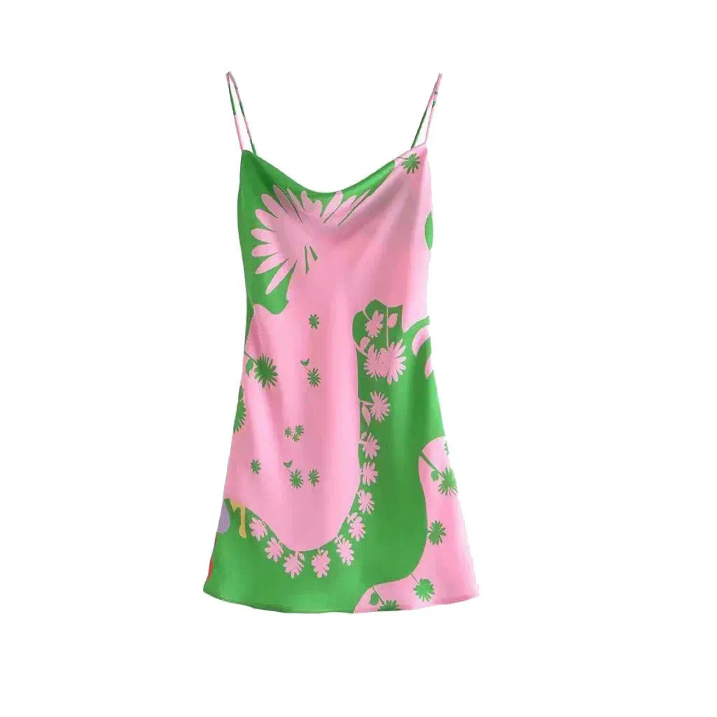 GREEN AND PINK PRINTED SATIN MINI DRESS bymollie GREEN AND PINK PRINTED SATIN MINI DRESS bymollie