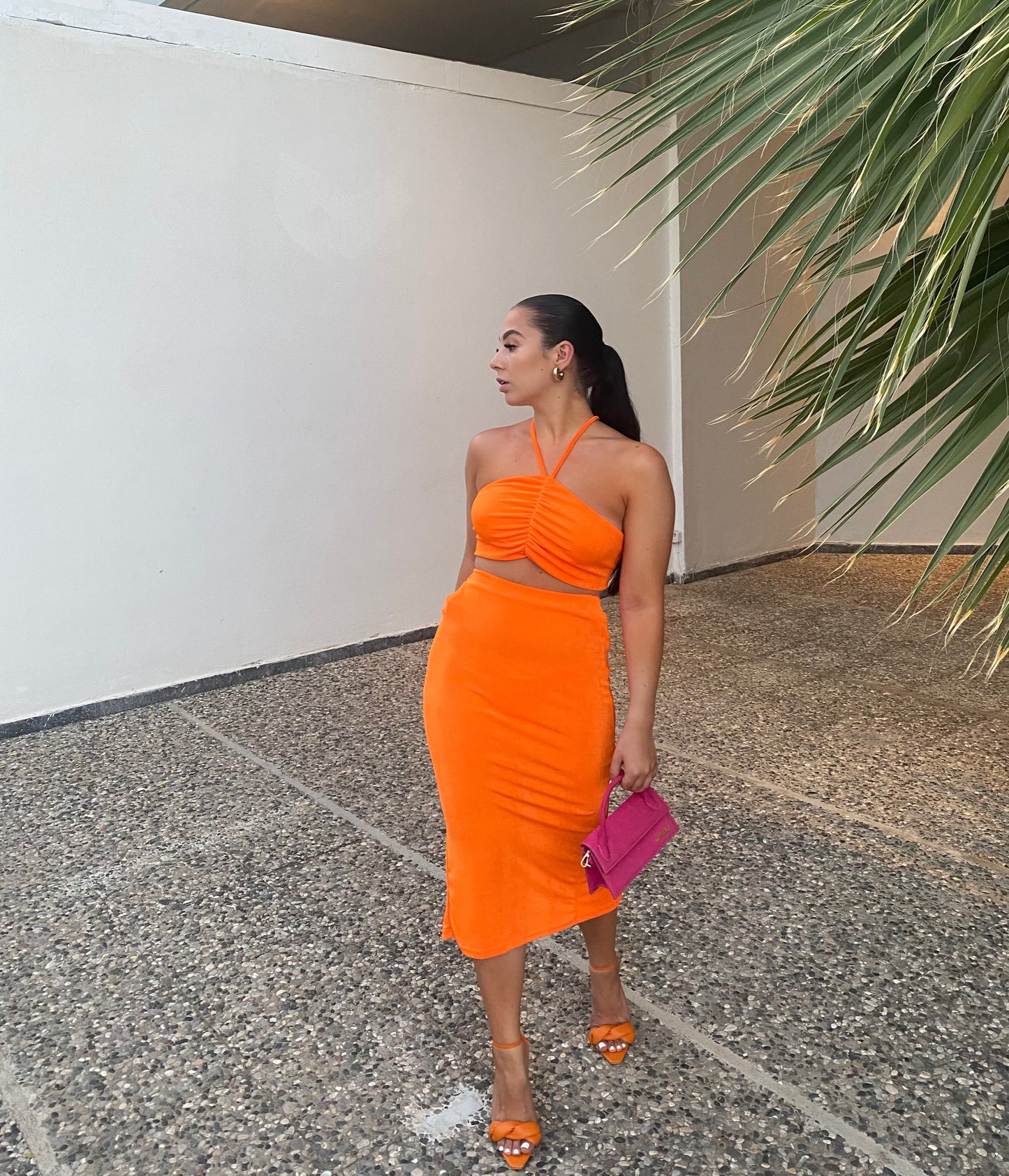 ORANGE SHEER RUCHED CROP TOP AND SPLIT BACK MIDI SKIRT