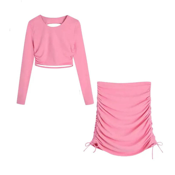 BABY PINK BACKLESS CROP TOP AND RUCHED MINI SKIRT CO-ORD