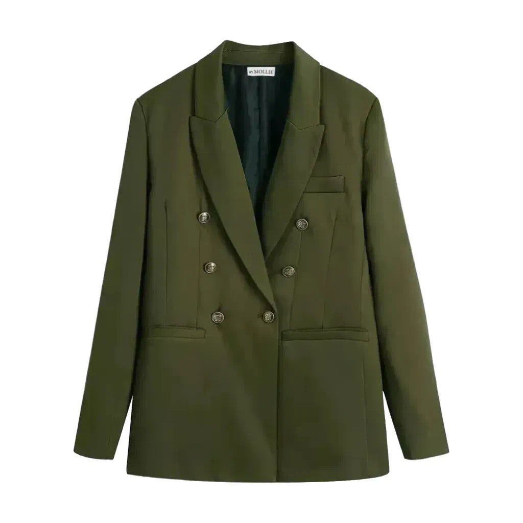 KHAKI GOLD BUTTON BLAZER AND SIDE RUCHED MINI SKIRT CO-ORD