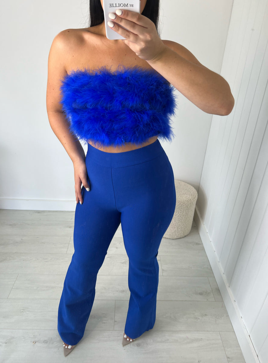 Fancy Strapless Feather Crop Top- Azure Blue - Leona