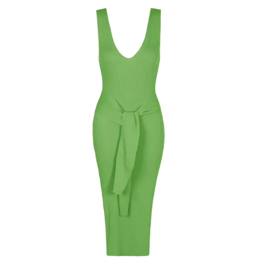 LIME GREEN V-NECK KNIT TIE FRONT MIDI DRESS bymollie LIME GREEN V-NECK KNIT TIE FRONT MIDI DRESS bymollie