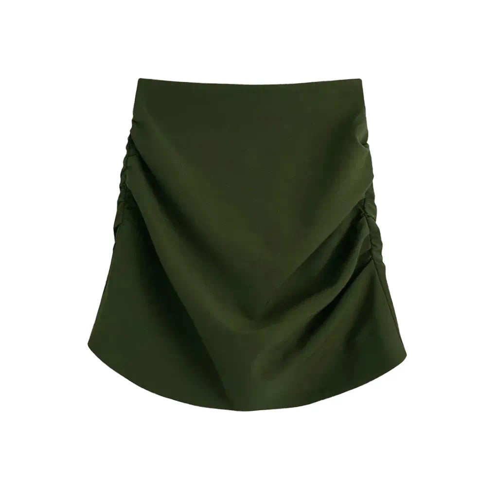 KHAKI GOLD BUTTON BLAZER AND SIDE RUCHED MINI SKIRT CO-ORD