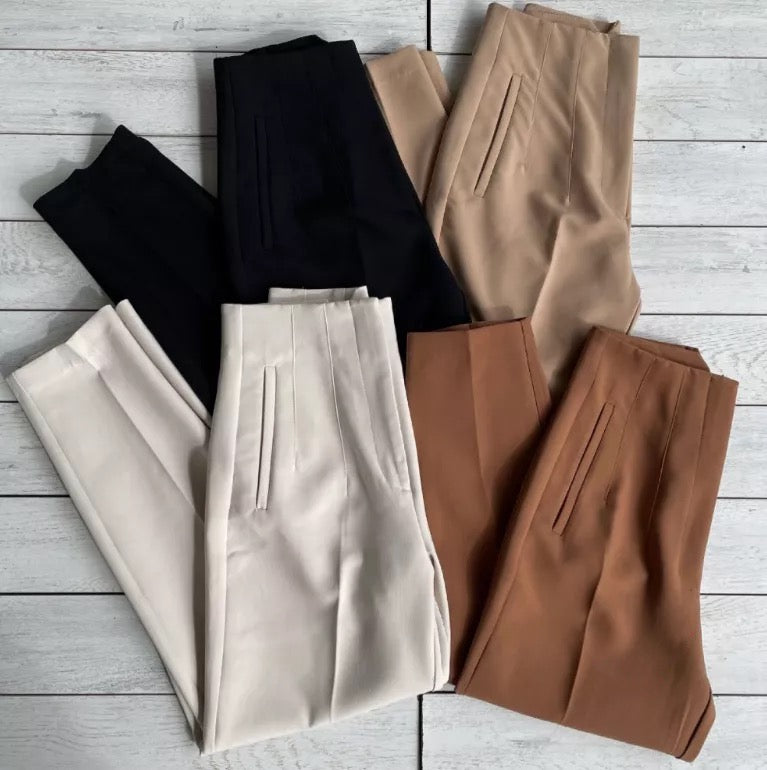 BEIGE DARTED HIGH WAIST TROUSERS