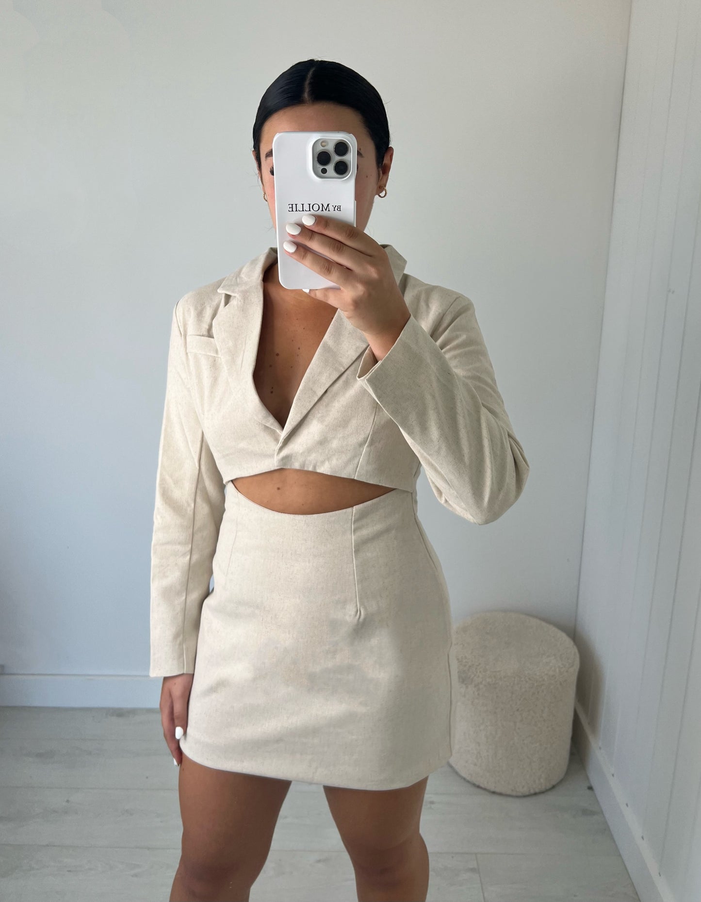 BEIGE LINEN CUT OUT BLAZER DRESS