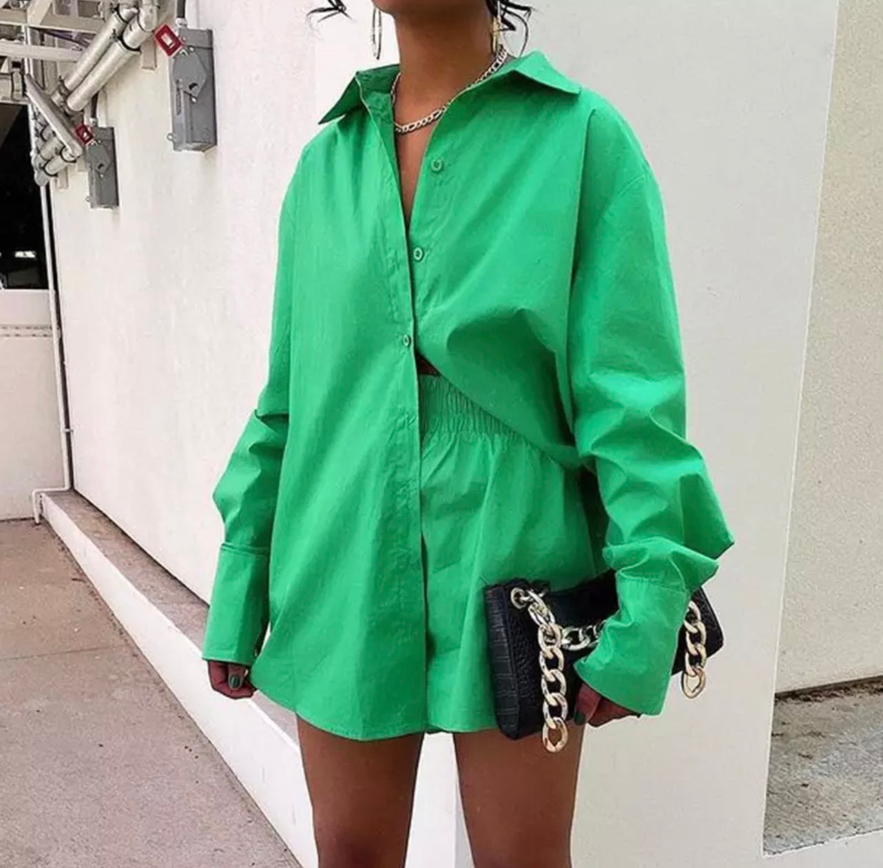 GREEN OVERSIZED SHIRT AND SHORTS CO-ORD