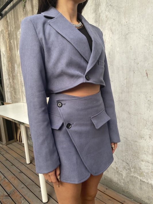 BLUE CROP BLAZER AND MINI SKIRT CO-ORD