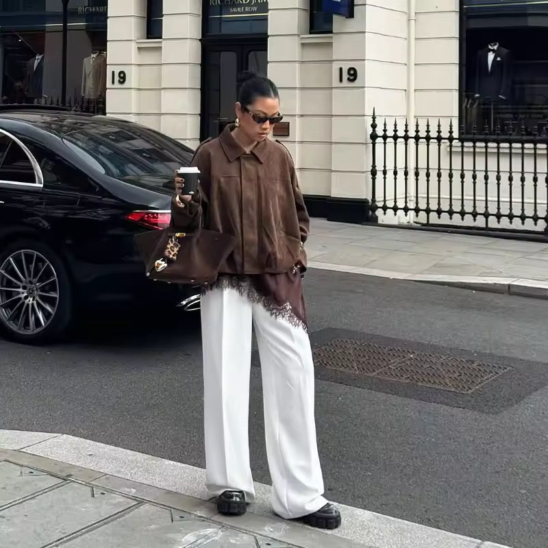 BROWN VEGAN SUEDE COLLARED JACKET