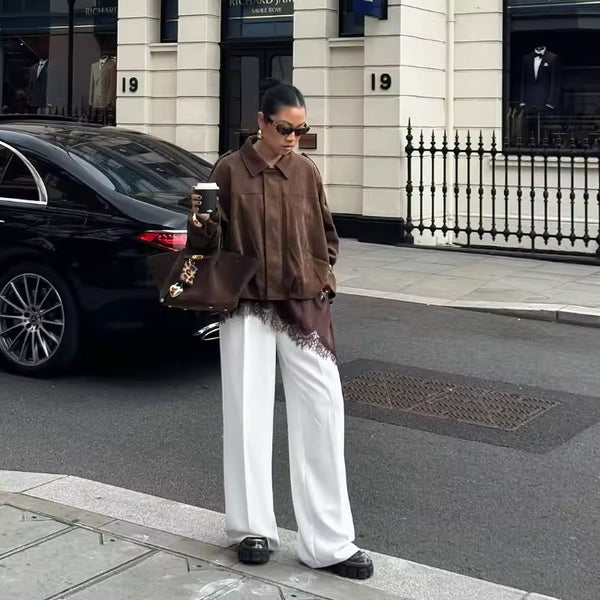 BROWN VEGAN SUEDE COLLARED JACKET